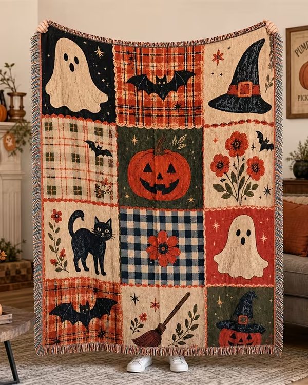 Halloween Patchwork Tapestry Throw Blanket