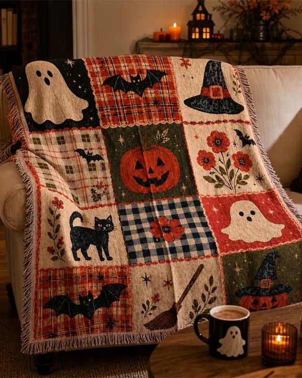 Halloween Patchwork Tapestry Throw Blanket
